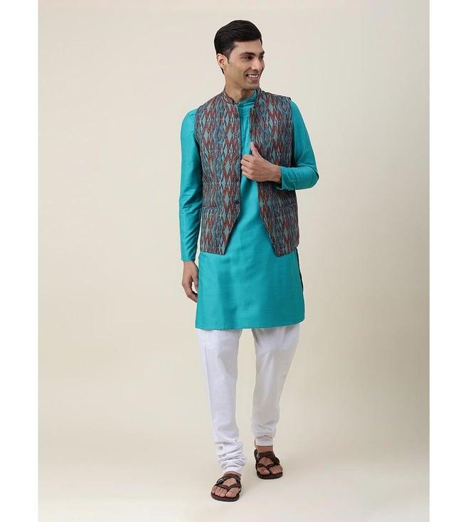 fabindia teal nuindian viscose silk slim kurta with jacket