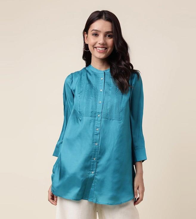 fabindia teal silk pintucks women tunic