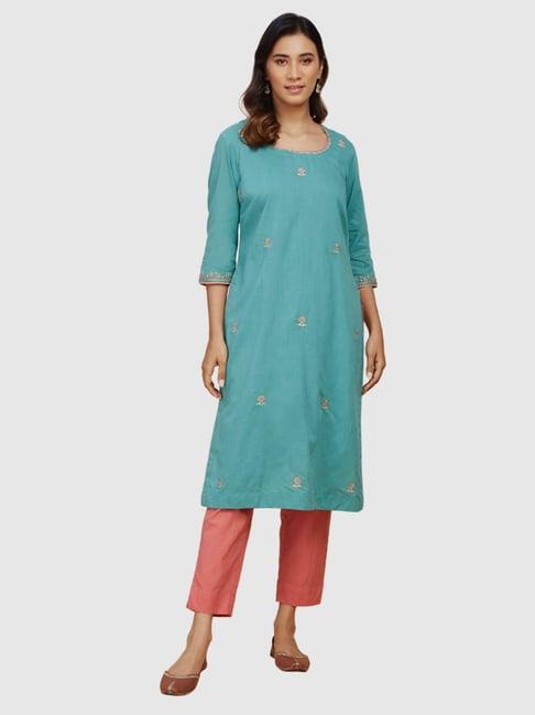 fabindia turquoise cotton embroidered straight kurta