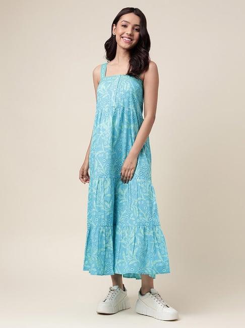 fabindia turquoise cotton floral print a-line dress