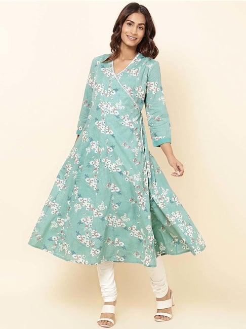 fabindia turquoise cotton floral print angrakha kurta