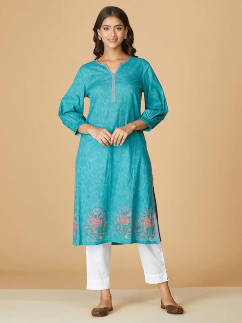 fabindia turquoise cotton floral print straight kurta