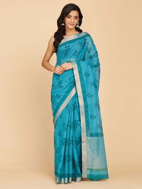 fabindia turquoise cotton printed saree without blouse