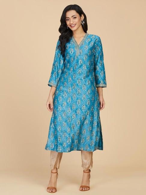 fabindia turquoise floral print straight kurta