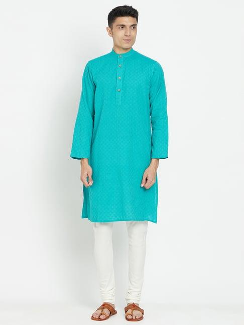 fabindia turquoise printed mandarin collar kurta