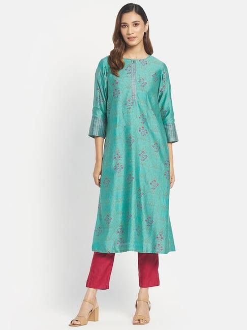 fabindia turquoise printed straight kurta