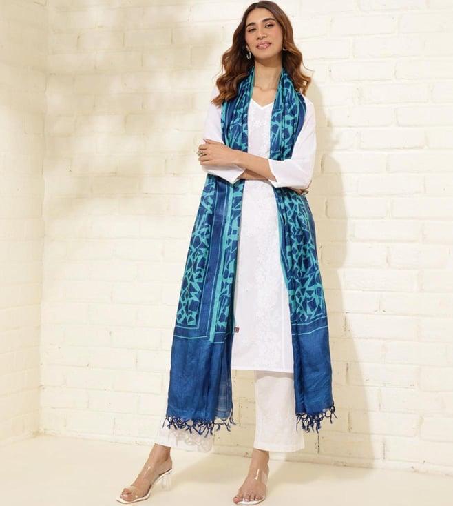 fabindia turquoise silk printed dupatta