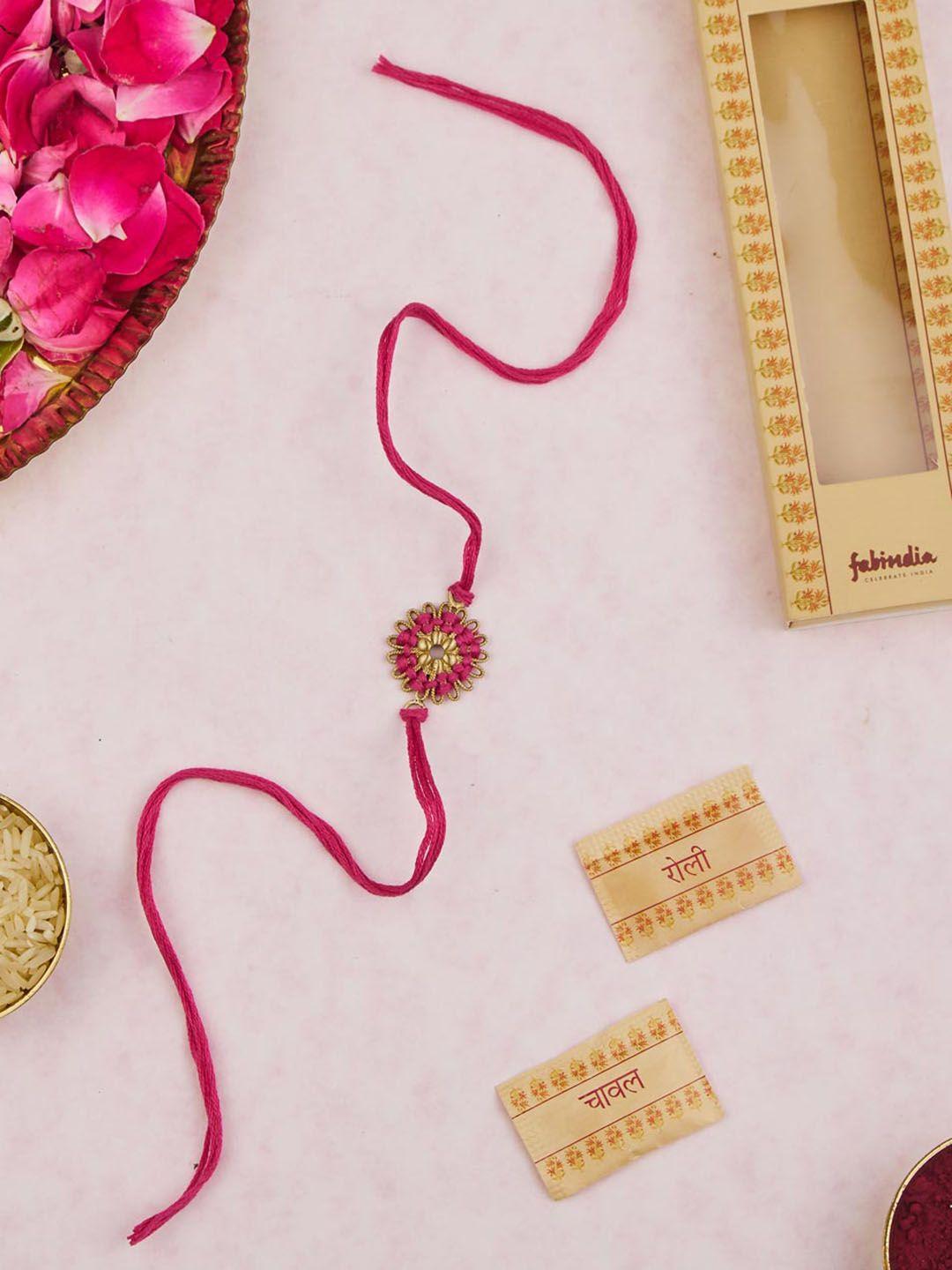 fabindia unisex flower thread rakhi with roli chawl pack