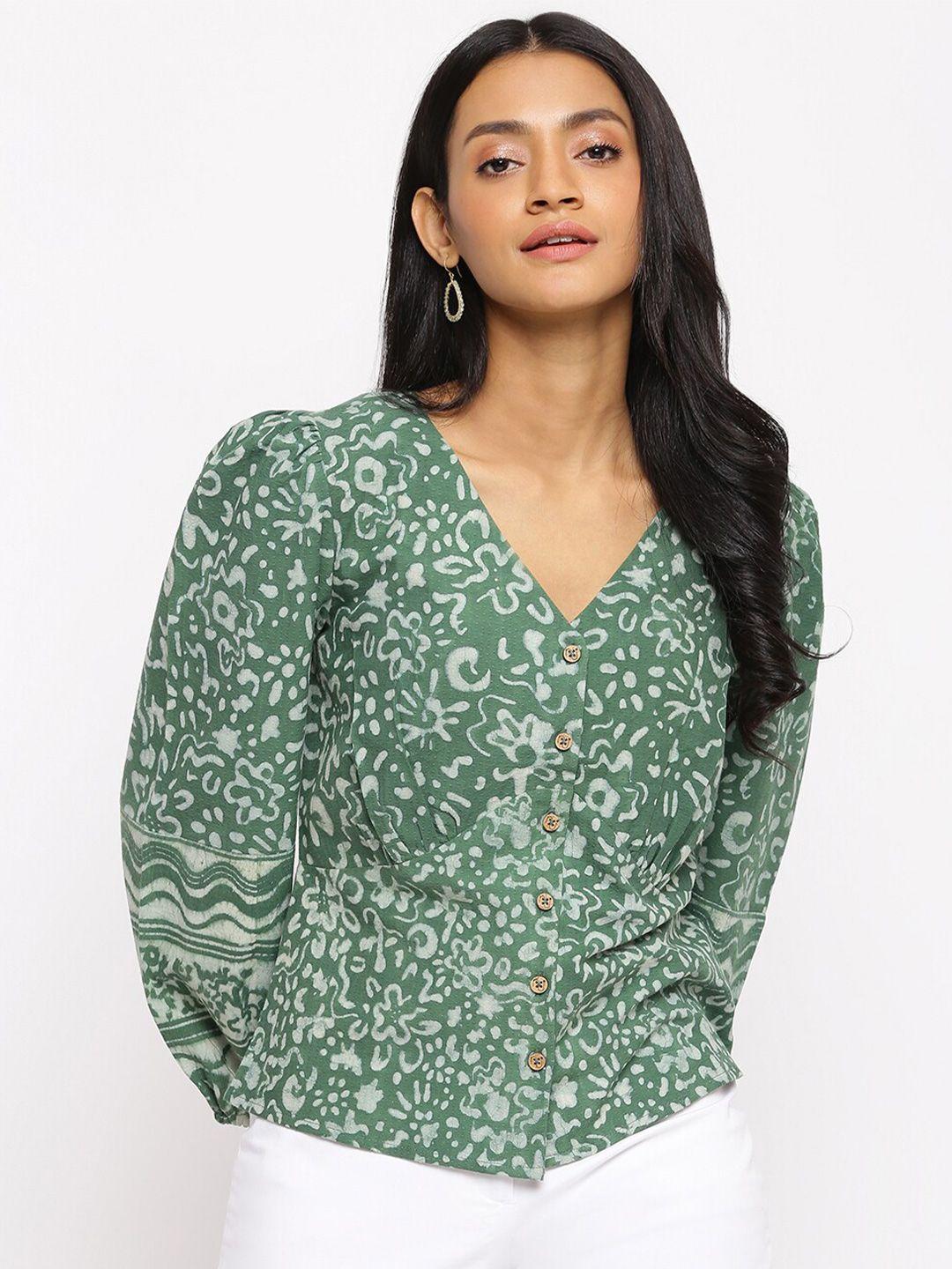 fabindia v-neck ethnic motifs printed cotton top