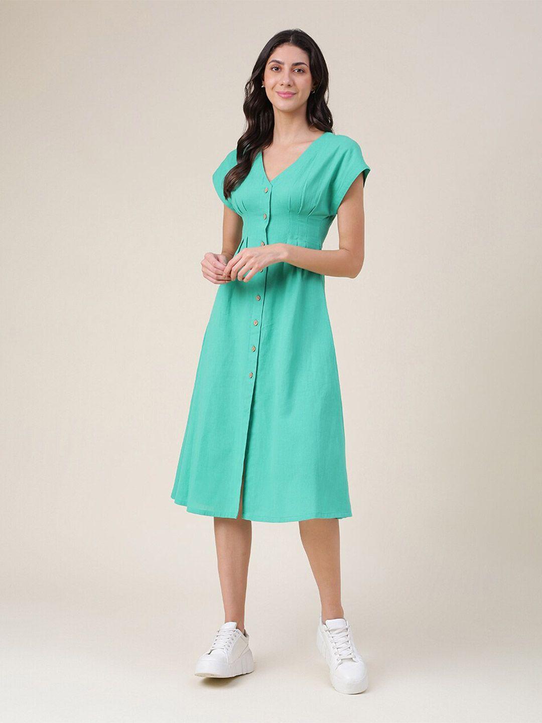 fabindia v-neck extended sleeves cotton a-line midi dress