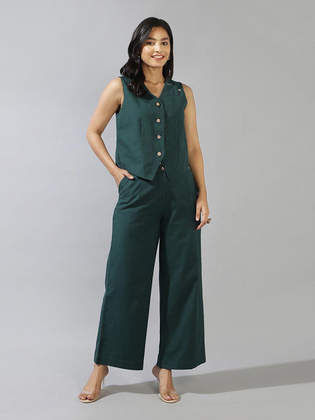 fabindia v-neck sleeveless cotton linen shirt style top with trousers