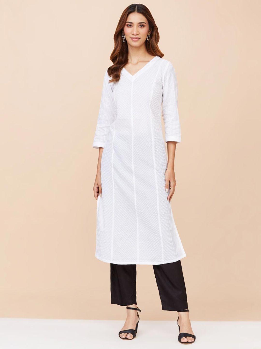 fabindia v-neck thread work cotton straight kurta