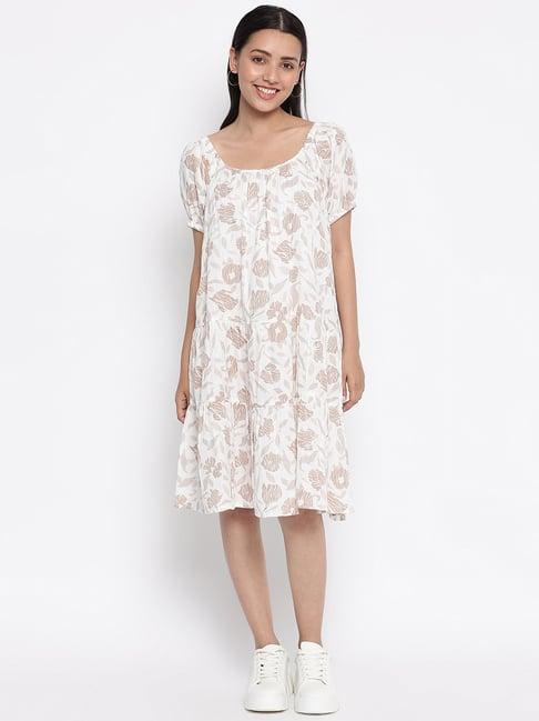 fabindia white & beige cotton printed a-line dress