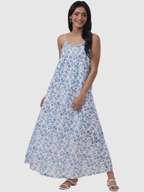 fabindia white & blue cotton floral print maxi dress