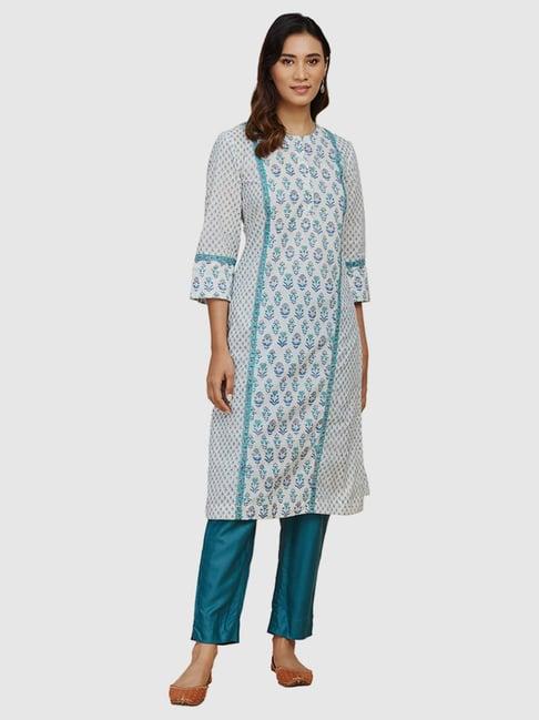 fabindia white & blue cotton floral print straight kurta