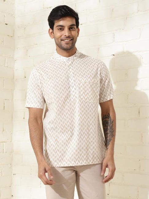 fabindia white & brown comfort fit printed short kurta