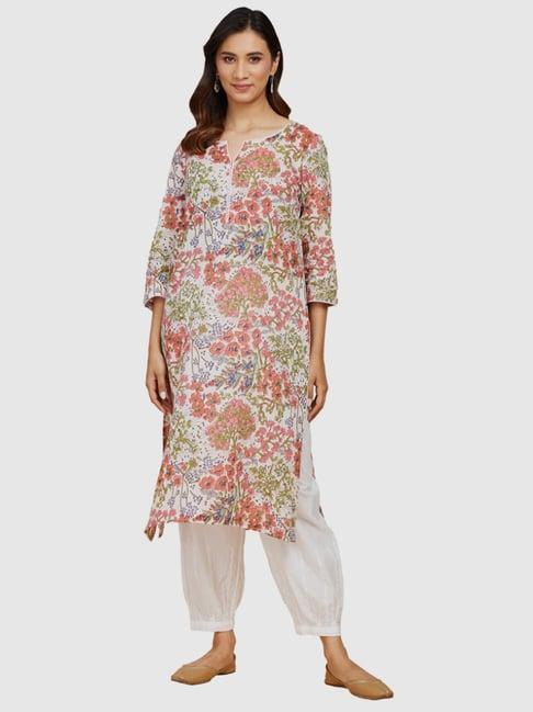 fabindia white & pink cotton floral print straight kurta