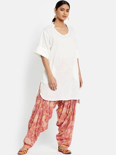 fabindia white & pink woven pattern kurta salwar set