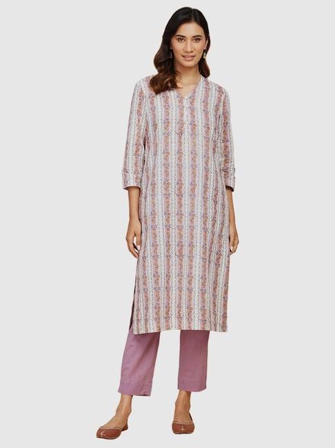 fabindia white & purple cotton floral print straight kurta