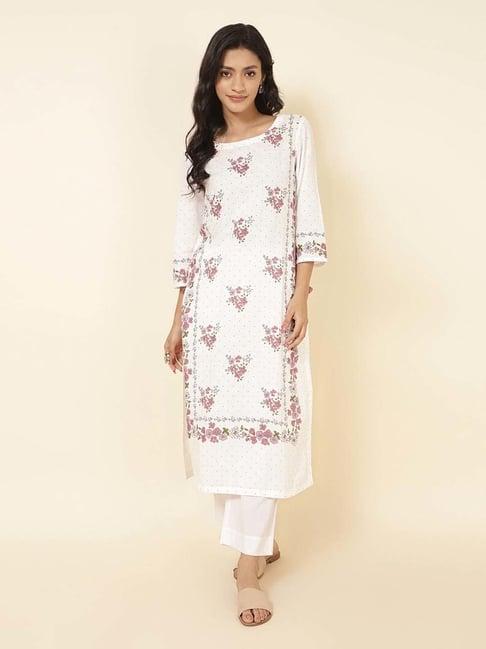 fabindia white & purple cotton printed straight kurta