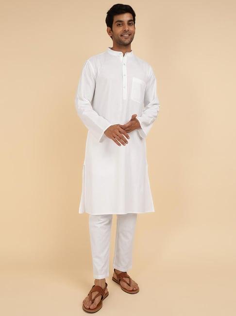 fabindia white cotton comfort fit woven kurta set with bottom