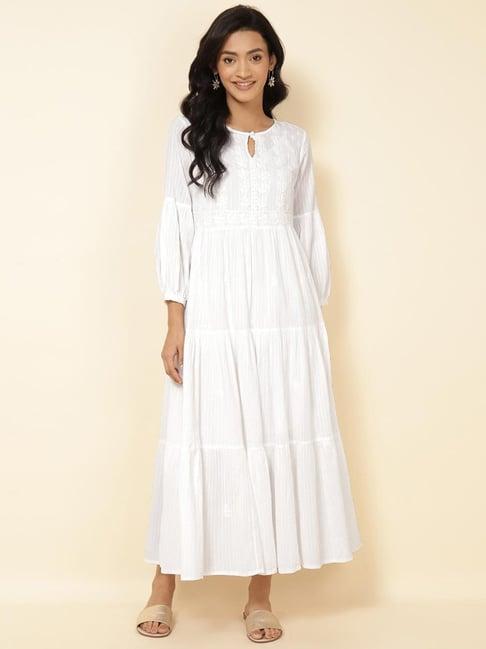 fabindia white cotton embroidered maxi dress with slip
