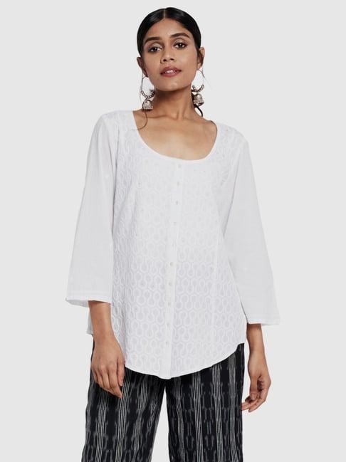 fabindia white cotton embroidered shirt