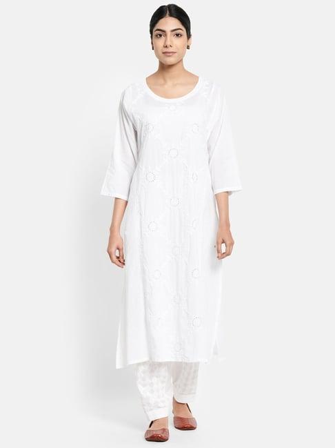 fabindia white cotton embroidered straight kurta