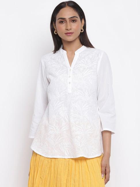 fabindia white cotton embroidered straight kurti