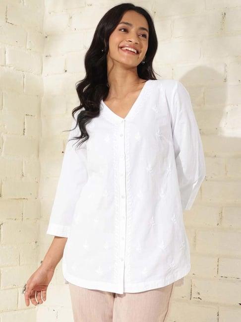 fabindia white cotton embroidered tunic