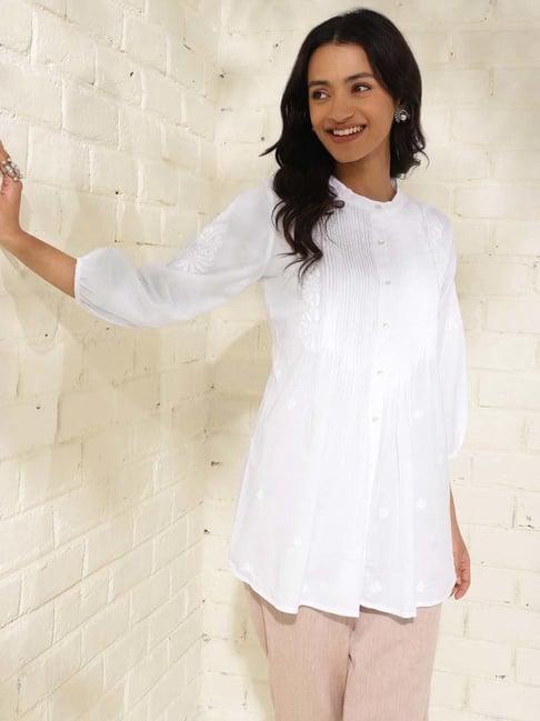 fabindia white cotton embroidered tunic