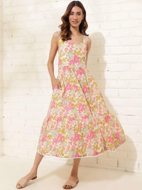 fabindia white cotton floral print a-line dress