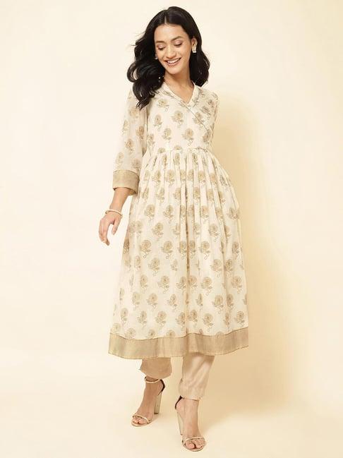 fabindia white cotton floral print angrakha kurta