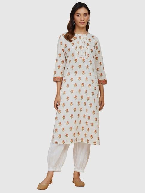 fabindia white cotton floral print straight kurta