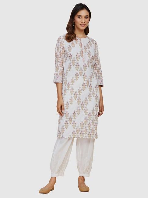 fabindia white cotton floral print straight kurta