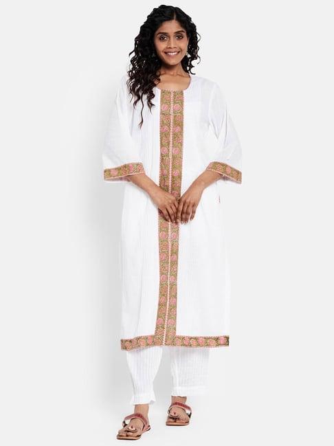 fabindia white cotton printed kurta pant set