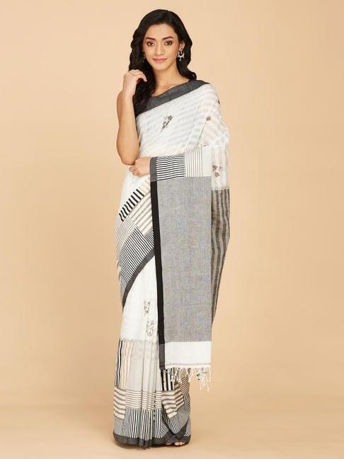 fabindia white cotton printed saree without blouse