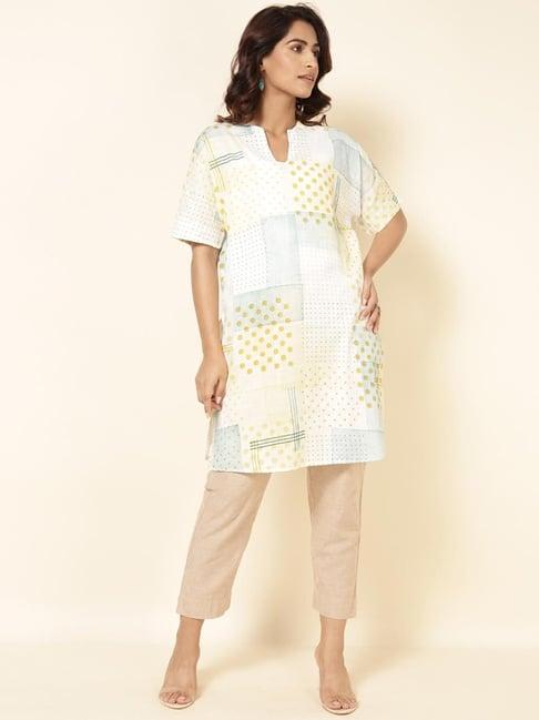 fabindia white cotton printed straight kurta