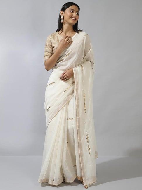 fabindia white embroidered saree without blouse