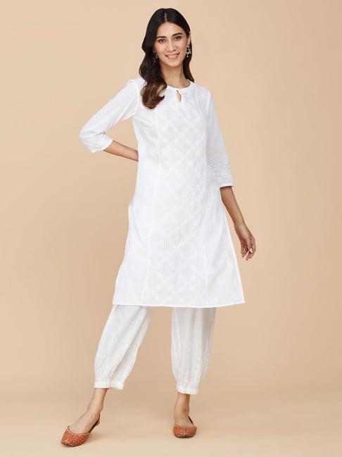 fabindia white embroidered straight kurta