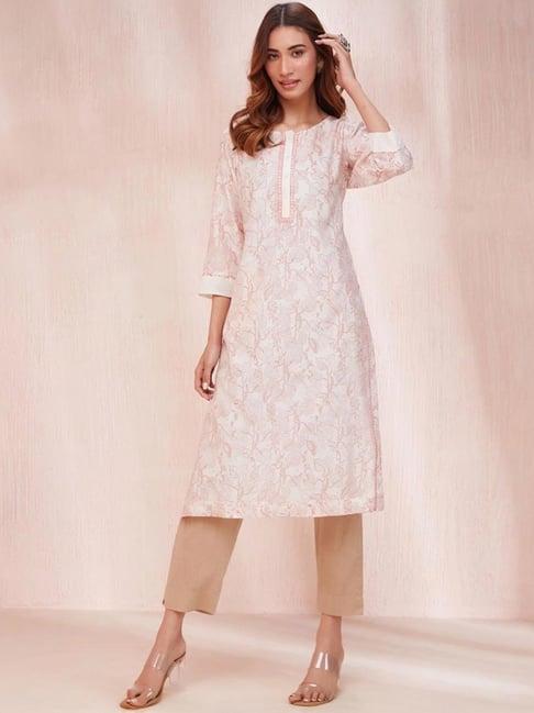 fabindia white floral print straight kurta