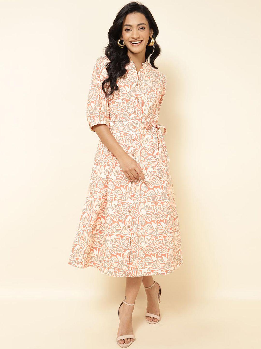 fabindia white floral print tie-up neck puff sleeve a-line midi dress