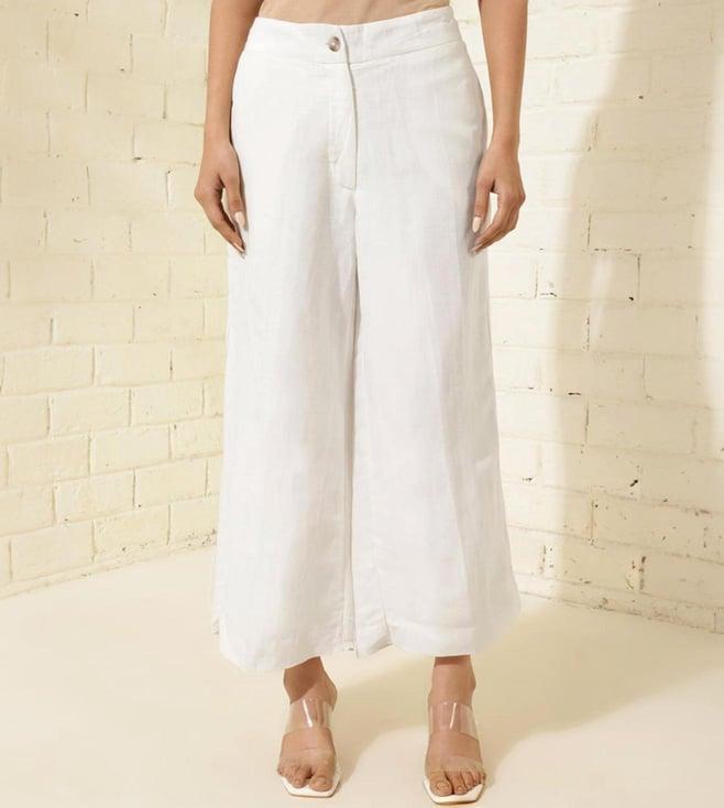 fabindia white linen viscose blend wide leg pant