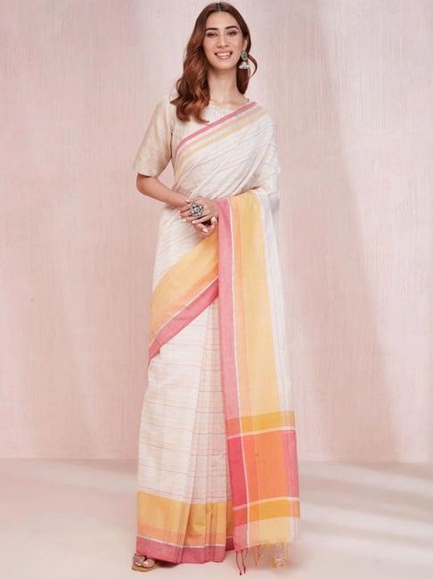 fabindia white striped saree without blouse