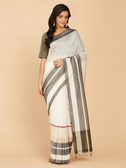 fabindia white woven saree with unstitched blouse