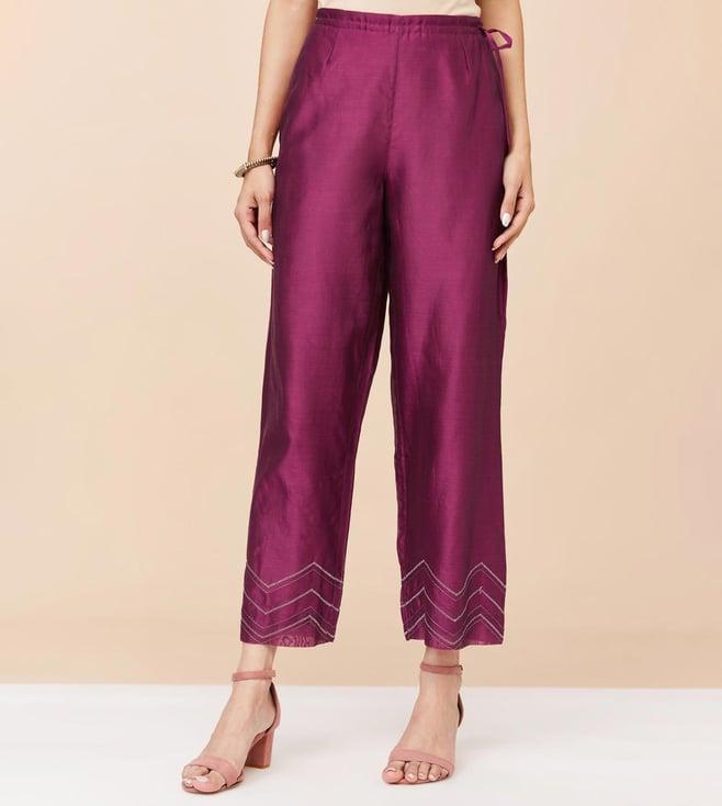 fabindia wine cotton silk embroidered ijar pant