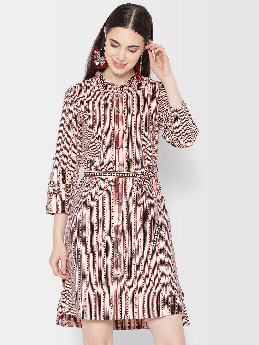 fabindia women beige & black striped shirt dress