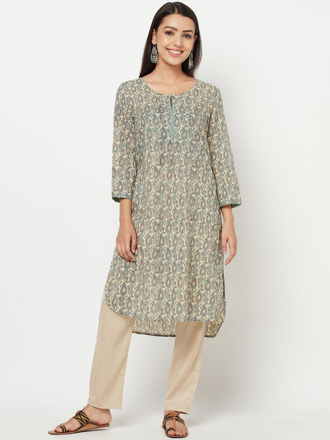 fabindia women beige & green paisley printed keyhole neck kurta