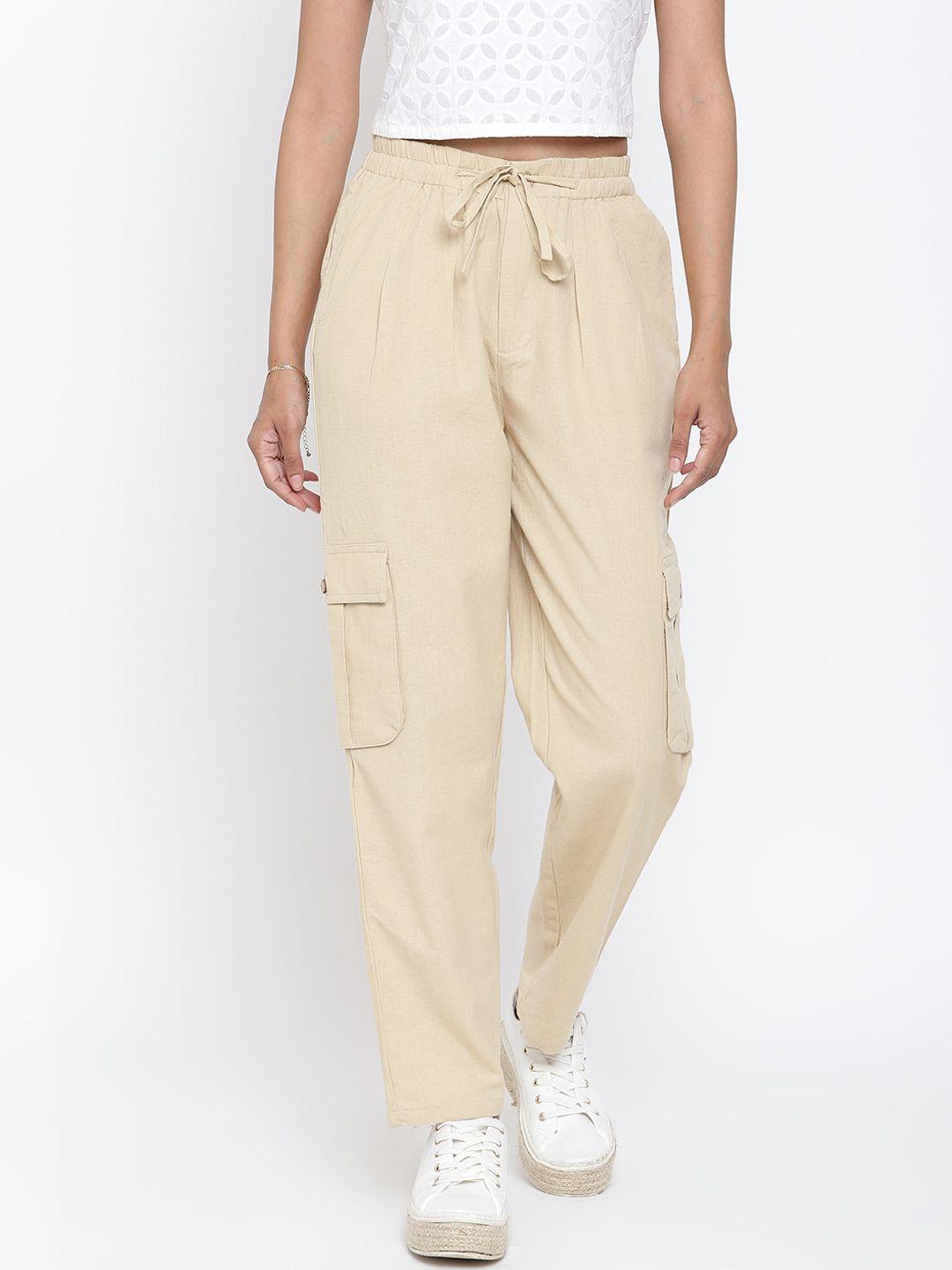 fabindia women beige cotton cargos trousers