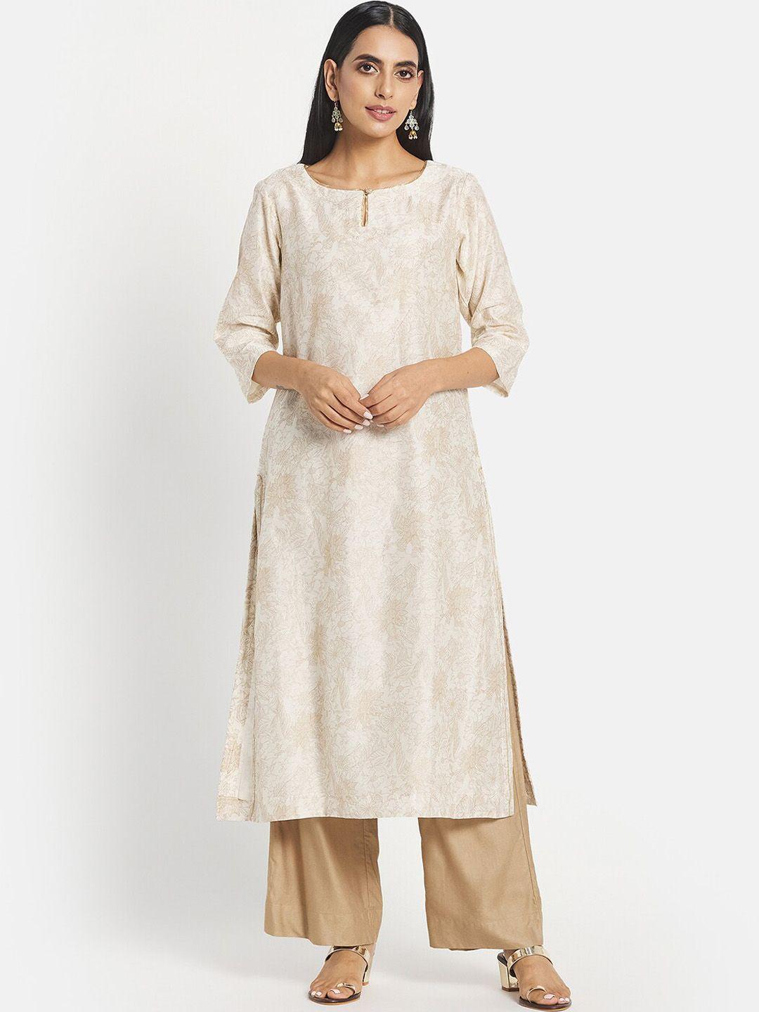 fabindia women beige ethnic motifs printed cotton silk keyhole neck straight kurta